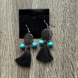 Bohemian Turquoise and Black Tassel Earrings